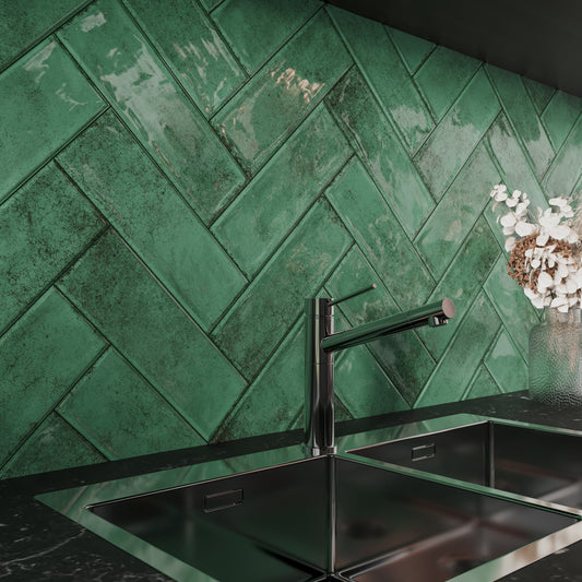 Splash Dark Green Ceramic Brick Shape Wall Tile