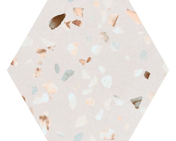 Terrazzo Hexagon Wall and Floor Tiles with Beige Coloured Background -Megan Range | Tiles360