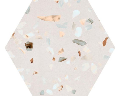 Terrazzo Hexagon Wall and Floor Tiles with Beige Coloured Background -Megan Range | Tiles360