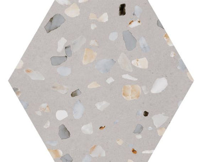 Terrazzo Hexagon Wall and Floor Tiles with Grey Coloured Background -Megan Range | Tiles360