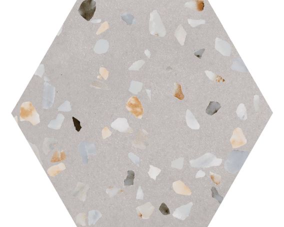 Terrazzo Hexagon Wall and Floor Tiles with Grey Coloured Background -Megan Range | Tiles360